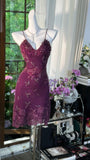 Ndyad Grape Purple Sheath Spaghetti Strap Chiffon Short Prom Dresses with Beading HZ1024