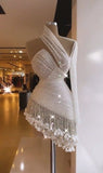 Ndyad White Asymmetric Neckline Bodycon Lace Beading Short Evening Dress Sexy Homecoming Dress With Tassels HZ1024