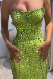 Ndyad Green Sheath Strapless Satin Long Prom Dresses, Rhinestone Formal Evening Dresses HZ1024