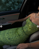 Ndyad Green Sheath Strapless Satin Long Prom Dresses, Rhinestone Formal Evening Dresses HZ1024
