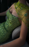 Ndyad Green Sheath Strapless Satin Long Prom Dresses, Rhinestone Formal Evening Dresses HZ1024