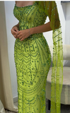 Ndyad Green Sheath Strapless Satin Long Prom Dresses, Rhinestone Formal Evening Dresses HZ1024