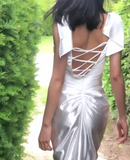 Ndyad White Sheath Sweetheart Satin Prom Dresses, Elegant Formal Evening Dresses HZ1024