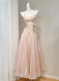 Ndyad Pink Spaghetti Strap A-Line Satin Long Prom Dresses, Sweet 16 Dress HZ1024