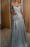 Ndyad Silver Spaghetti Strap A-Line Long Prom Dresses, Elegant Glitter Evening Gowns HZ1024