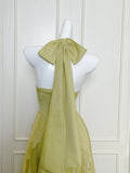 Ndyad Green Halter Neck A-Line Chiffon Ruffles Long Prom Dresses, Sweet 16 Dress HZ1024