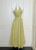 Ndyad Green Halter Neck A-Line Chiffon Ruffles Long Prom Dresses, Sweet 16 Dress HZ1024