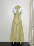Ndyad Green Halter Neck A-Line Chiffon Ruffles Long Prom Dresses, Sweet 16 Dress HZ1024