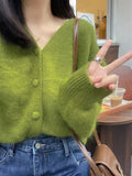 Ndyad Green Retro Soft V-Neck Knitted Cardigan HZ1024