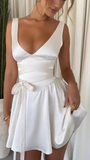 Ndyad V-neck A-Line Satin Short Party Dress Simple White Homecoming Dress HZ1024