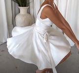 Ndyad V-neck A-Line Satin Short Party Dress Simple White Homecoming Dress HZ1024