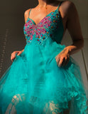 Ndyad Spaghetti Strap A-Line Tulle Beading Short Prom Dresses Sweet Homecoming Dress HZ1024