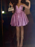Ndyad Pink V-neck A-Line Satin Short Prom Dresses, Fashion Homecoming Dress HZ1024