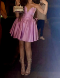 Ndyad Pink V-neck A-Line Satin Short Prom Dresses, Fashion Homecoming Dress HZ1024