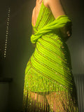 Ndyad Spaghetti Strap Bodycon Beaded Chiffon Short Prom Dresses, Lemon Green Party Dress HZ1024