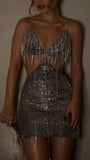Ndyad Silver V-Neck Sheath Short Homecoming Dresses, Sparkling Party Dress with Rhinestone Tassels HZ1024
