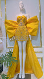 Ndyad Yellow Strapless Sheath Satin Rhinestone Short Prom Dresses, Fashion Homecoming Dress with Bow HZ1024
