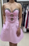 Ndyad Pink Strapless A-Line Satin Beaded Short Homecoming Dress, Sweet 16 Dress HZ1024