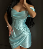 Ndyad Tiffany Blue Off Shoulder Sheath Satin Short Prom Dresses, Glamour Homecoming Dress HZ1024