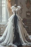 Ndyad White V-Neck A-Line Chiffon Long Prom Dresses Elegant Wedding Dress HZ1024