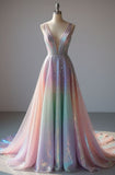 Ndyad Colorful V-neck A-Line Quincea?era Dress Glitter Tulle Long Prom Dresses, Sweet 16th Birthday Dress HZ1024