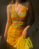 Ndyad Yellow Two-piece Long Prom Dresses Tulle Birthday Dress with Sequins HZ1024