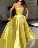 Ndyad Yellow Strapless A-Line Satin Long Prom Dresses, Glam Formal Evening Gowns HZ1024