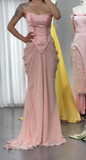 Ndyad Pink Strapless Mermaid Satin Chiffon Long Prom Dresses, Elegant Formal Evening Gowns with Beading HZ1024