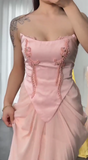 Ndyad Pink Strapless Mermaid Satin Chiffon Long Prom Dresses, Elegant Formal Evening Gowns with Beading HZ1024