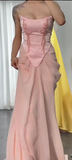 Ndyad Pink Strapless Mermaid Satin Chiffon Long Prom Dresses, Elegant Formal Evening Gowns with Beading HZ1024