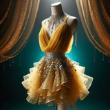 Ndyad Yellow Spaghetti Strap A-Line Tulle Short Prom Dresses HZ1024