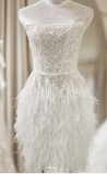 Ndyad White Sheath Strapless Short Homecoming Dress, Elegant Beaded Wedding Dress HZ1024