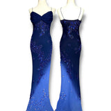 Ndyad Navy Blue Spaghetti Straps Sheath Beaded Chiffon Long Prom Dresses, Vintage Evening Gowns HZ1024