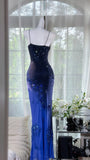 Ndyad Navy Blue Spaghetti Straps Sheath Beaded Chiffon Long Prom Dresses, Vintage Evening Gowns HZ1024