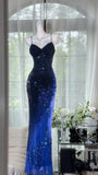 Ndyad Navy Blue Spaghetti Straps Sheath Beaded Chiffon Long Prom Dresses, Vintage Evening Gowns HZ1024