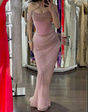 Ndyad Pink Sheath Off-shoulder Long Prom Dresses, Formal Evening Dresses with Slits HZ1024