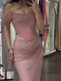 Ndyad Pink Sheath Off-shoulder Long Prom Dresses, Formal Evening Dresses with Slits HZ1024
