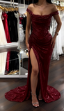 Ndyad Purple Sheath Off Shoulder Glitter Long Prom Dresses, Formal Evening Dresses with Slits HZ1024