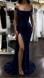 Ndyad Purple Sheath Off Shoulder Glitter Long Prom Dresses, Formal Evening Dresses with Slits HZ1024