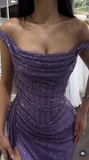 Ndyad Purple Sheath Off Shoulder Glitter Long Prom Dresses, Formal Evening Dresses with Slits HZ1024
