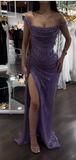 Ndyad Purple Sheath Off Shoulder Glitter Long Prom Dresses, Formal Evening Dresses with Slits HZ1024