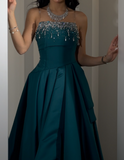 Ndyad Jade A-Line Satin Beaded Long Prom Dresses, Strapless Formal Evening Gowns HZ1024