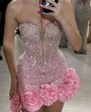 Ndyad Pink Bodycon Strapless Beaded Short Homecoming Dress, Sweet 16 Dress HZ1024