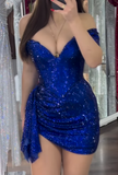 Ndyad Blue Bodycon Lace Short Prom Dresses, Off Shoulder Glitter Homecoming Dress HZ1024