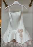 Ndyad White A-Line Satin Short Prom Dresses, Strapless 3D Applique Homecoming Dress HZ1024