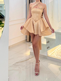 Ndyad Champagne A-Line Satin Short Prom Dresses, Halter Fashion Party Dress HZ1024