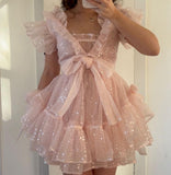 Ndyad Pink A-Line Tulle Short Prom Dresses, Glitter Sequin Homecoming Dress HZ1024