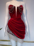 Ndyad Burgundy Bodycon Velvet Beaded Short Prom Dresses, Sweetheart Elegant Homecoming Dress with Tassels HZ1024