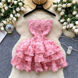 Ndyad Rococo Pink Strapless Tulle Applique Short Ball Gown, Sweet 16 Dress HZ1024