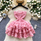 Ndyad Rococo Pink Strapless Tulle Applique Short Ball Gown, Sweet 16 Dress HZ1024